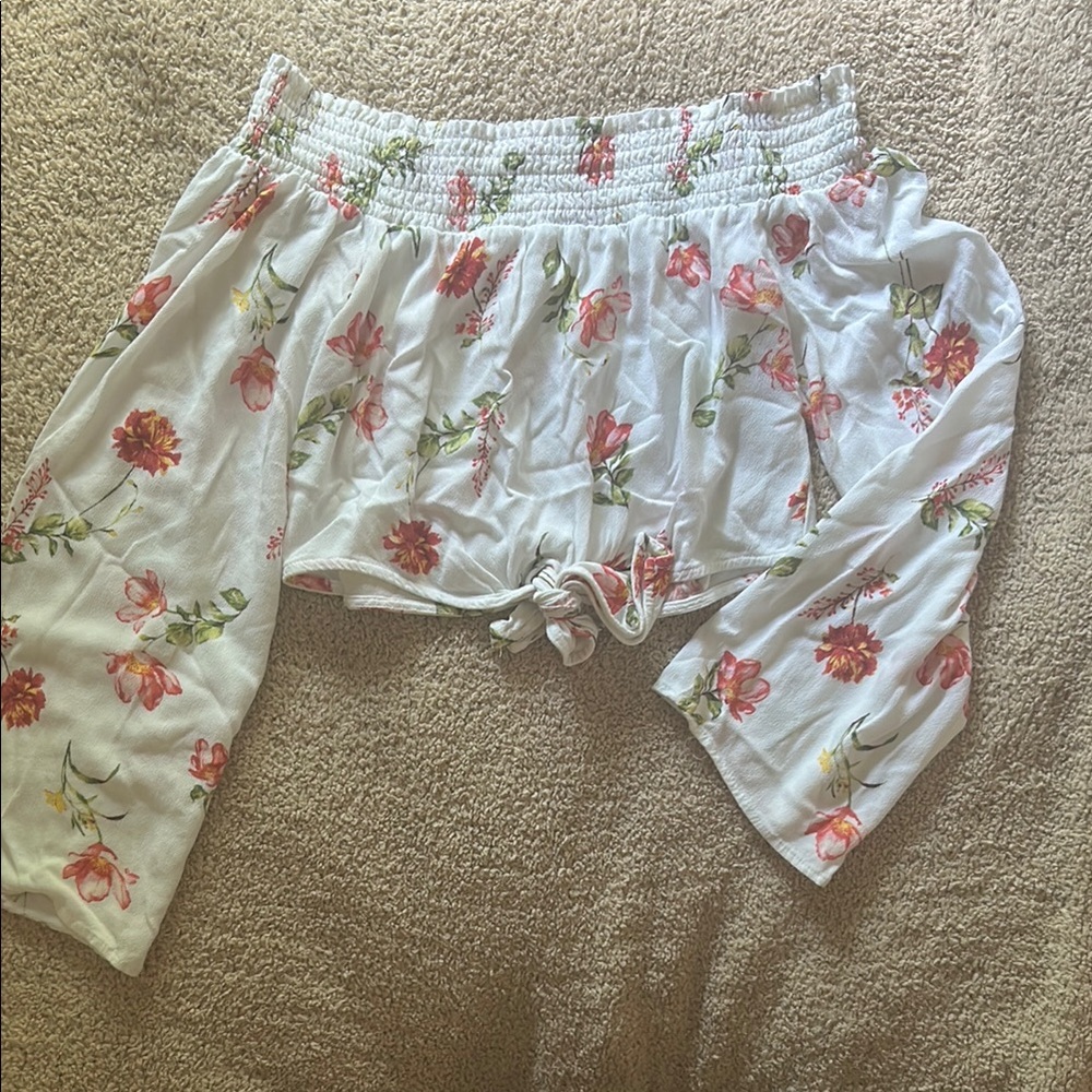La Hearts White and Red Off the Shoulder Long sleeve Flow Top (PACSUN)